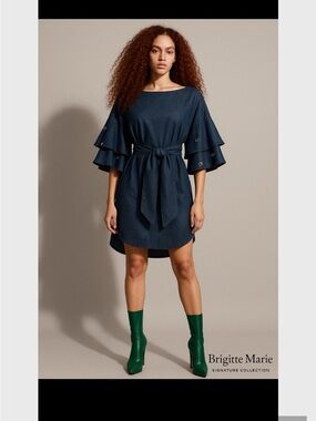 Navy Ruffle-Sleeve Tie-Waist Dress